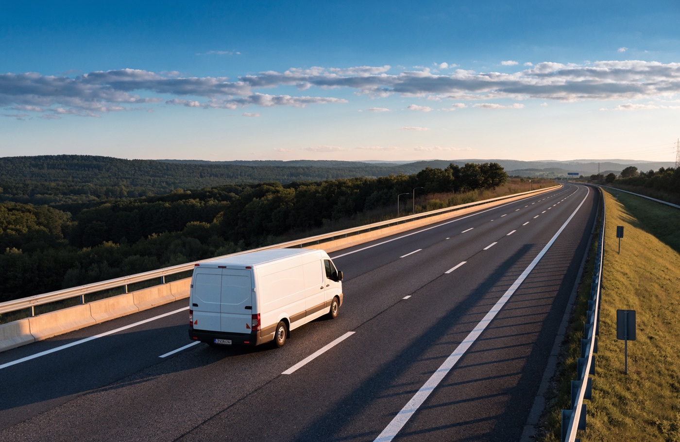 Kurierfahrzeug von Expresslogistik Reinwald beim ADR-Gefahrguttransport auf der Autobahn