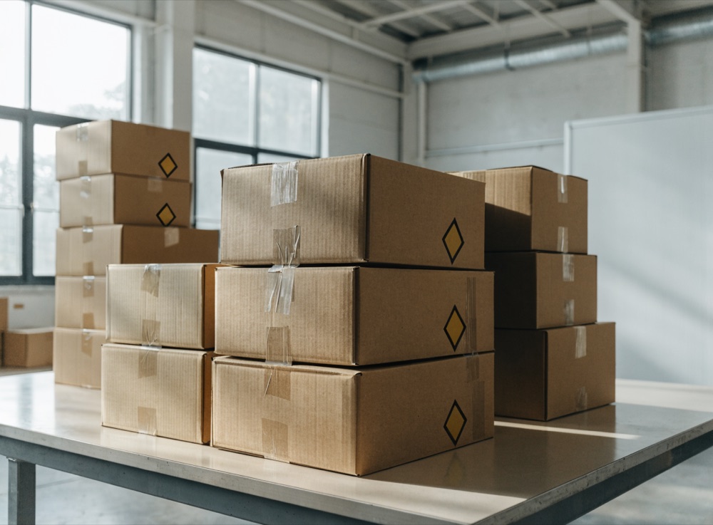 Verpackte Kartons mit Gefahrgut-Warnzetteln als Kleinmengen-Sendung
