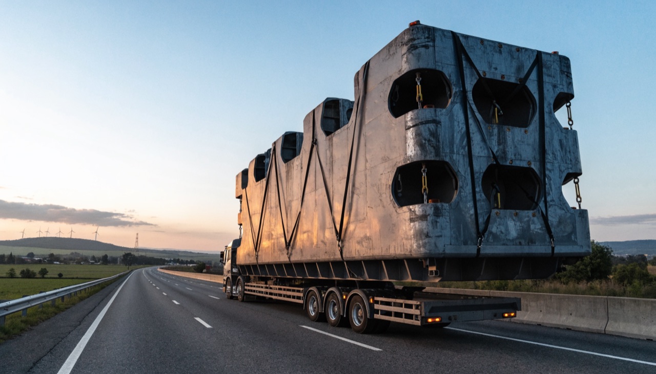 Lkw mit Sondertransport für übergroße, sperrige Fracht auf der Autobahn