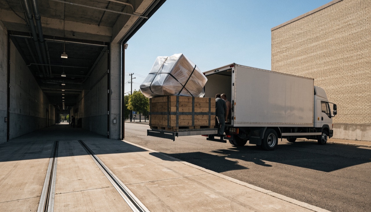 Sperriges Transportgut wird für die Direktfahrt in einen Sprinter verladen